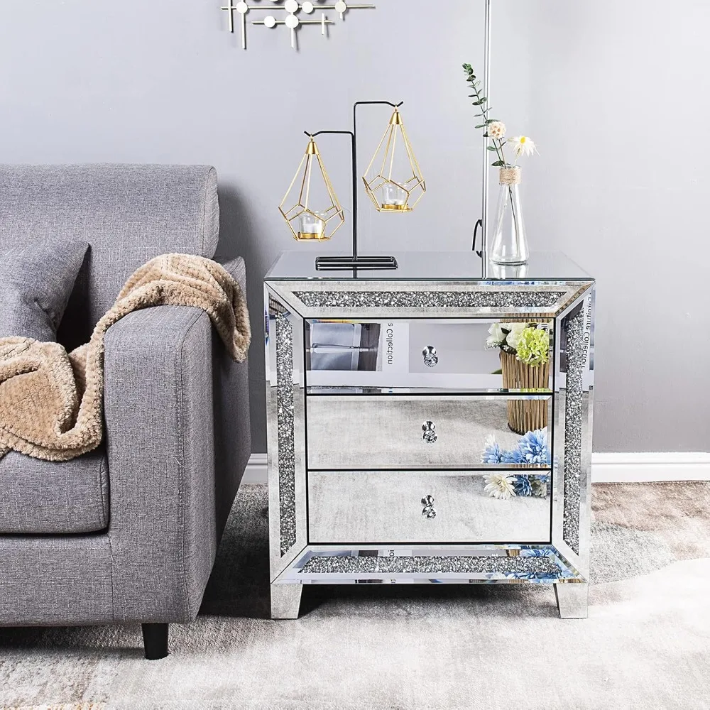 

Mirrored Nightstands Set of 2, Glass Mirror Night Stand Set of 2, Modern Bedside Table 3 Drawer Glass Side End Table Dresser
