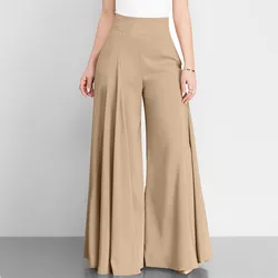 Women Summer Wide Leg Pants Fashion Casual High Waist Elegant Flare Trousers Solid Holiday Loose Female Long Pants With Pockets