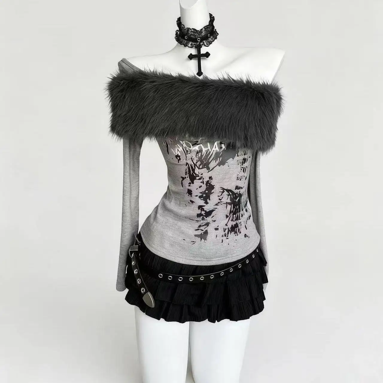 American Style Spicy Girl Faux Fur Tops Off Shoulder Long Sleeve Slim Fit Tops Woman Casual Sweet Korean Fashion Blouse