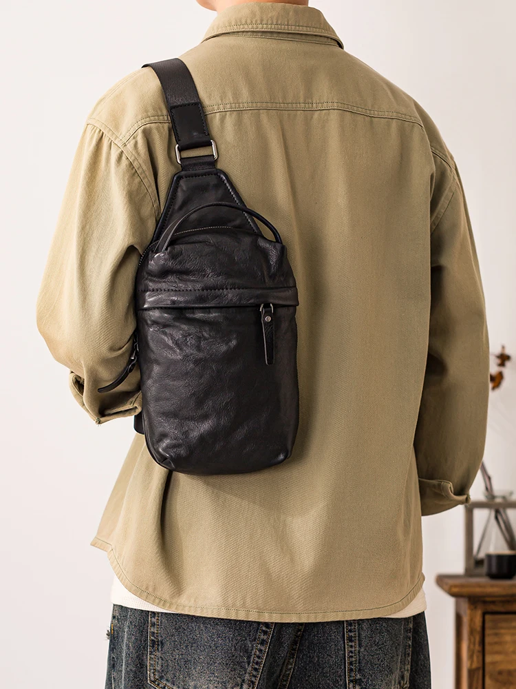 Outdoor fashion soft real leather men's sports chest bag weekend party designer handmade luxury cowhide black crossbody bag