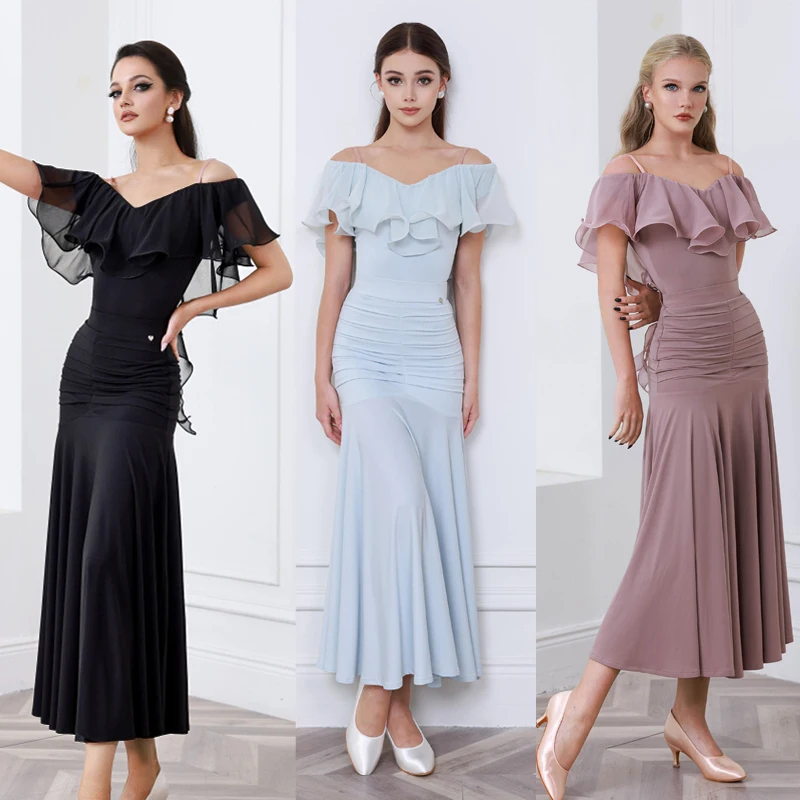 Waltz Ballroom Dance Competition Dresses Ruffled Sleeves Latin Top Samba Skirt Women Rumba Latin Dance Performance Costume 13563