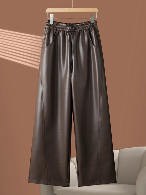 

Женские брюки из натуральной кожи с высокой талией, широкие, прямые, из овчины, осенне-зимние, свободные, черные, для повседневной носки