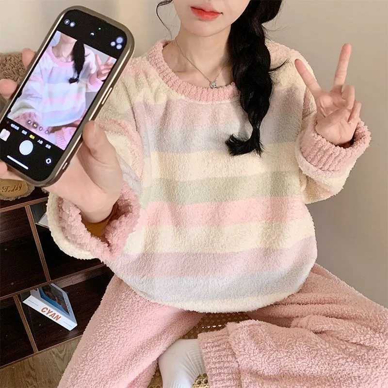 

Women Winter Flannel 2 Piece Set Korean Striped Sleepwear Thickened Long Sleeve Trouser Loungewear Coral Fleece Home Clothes