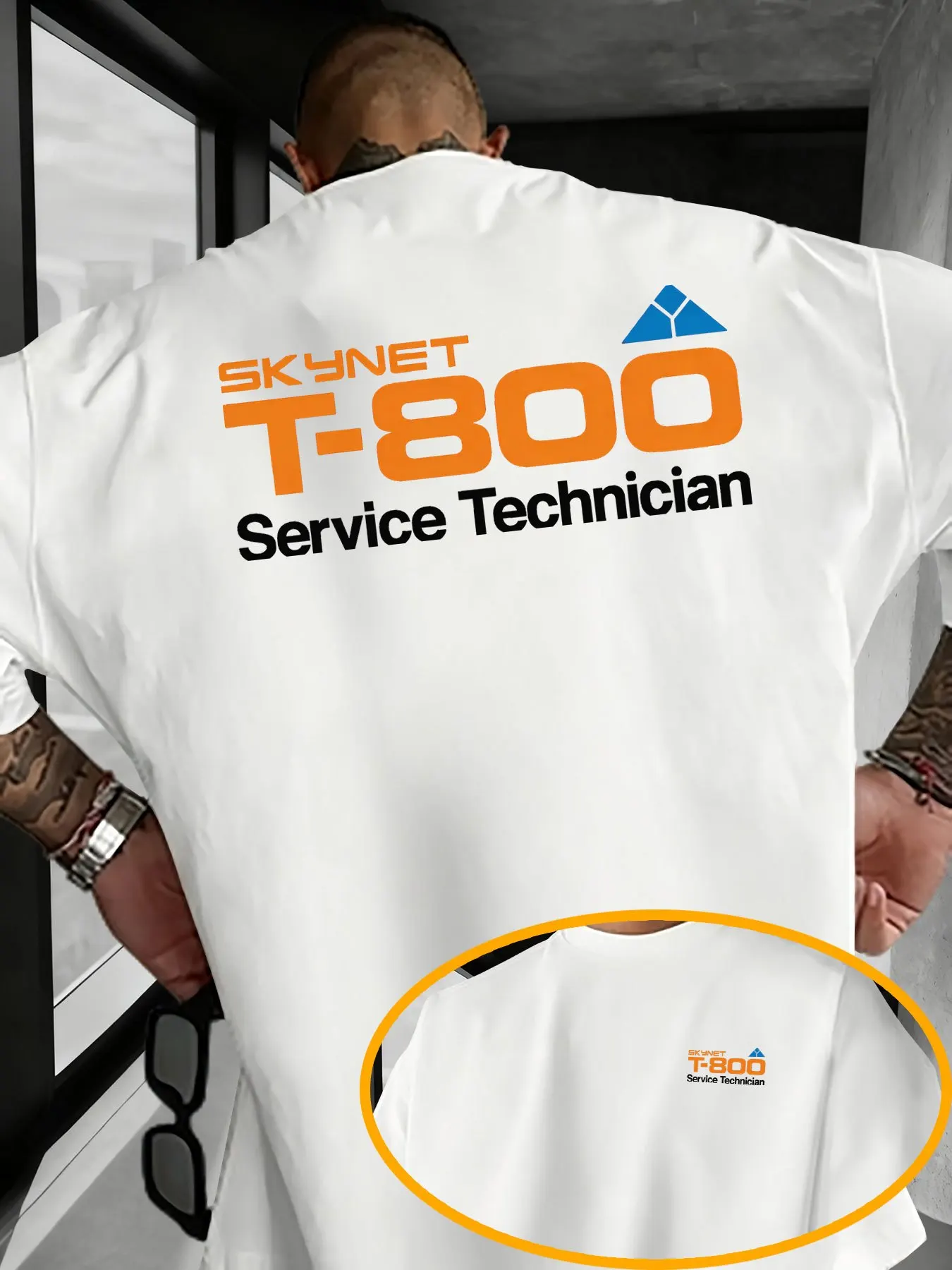 SKYNET T-800 Servi Technician Industrial Style Short Sleeve Trendy Brand Street Orange Letter Printed T-shirt