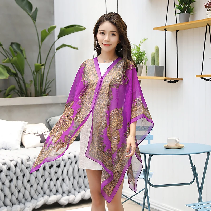 Women Sun Protection Shawl Chiffon Muffler Scarf Fashion Printed Summer Outdoor Beach Sunscreen Shawl Soft Loose Bikini Cover Up