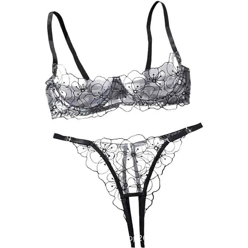 

Sexy Bra Brief Set Lace Underwire Romantic Lingerie Half Cup Ultra Thin Underwear Thong Black Hollow Out See Through Exotic Sets