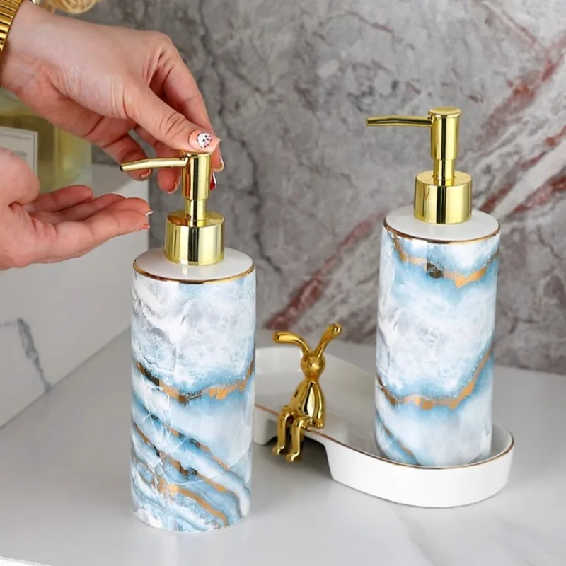 

Creative Gold-plated Marble Pattern Ceramic Lotion Bottle Hotel Shampoo Refill Bottle Irregular Dispenser Bathroom Accessories