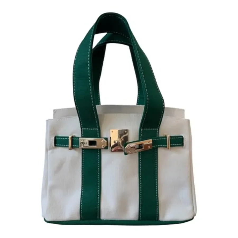 

Canvas Mini Tote Bag 8 Pockets Distressed Finish Durable Gold Hardware Green/Cream