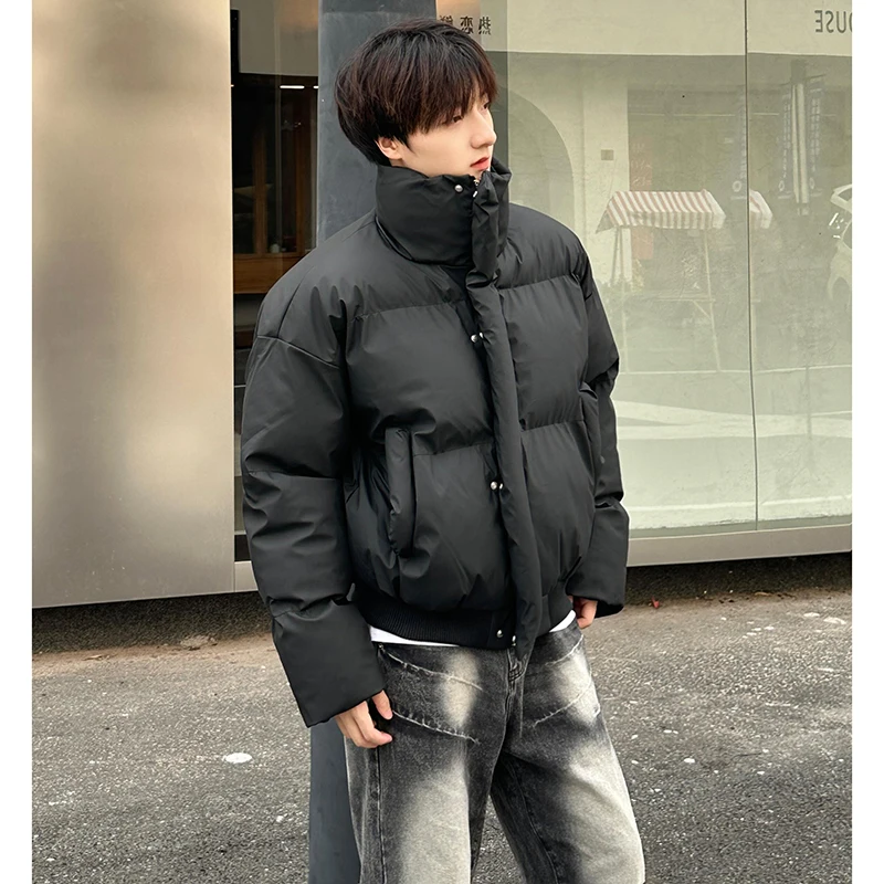 

Black Short Cotton Jacket Stand Collar Thickened Warm Bread Style Youth Fashion Winter Outerwear Zipper Closure Color