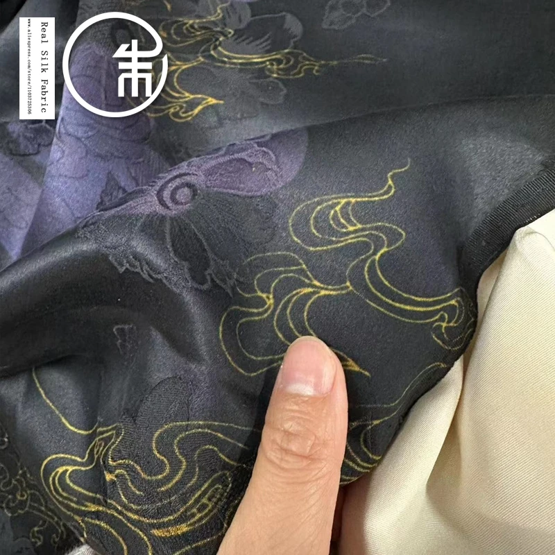 High Quality 40momme Black Purple 100% Real Silk Designer Gambiered Guangdong Silk Fabric Cheongsam Clothing Skirt Cloth