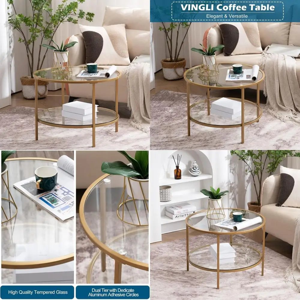 

Modern 2-Tier Glass Coffee Table with Storage for Small Living Rooms, Clear and Simple Design