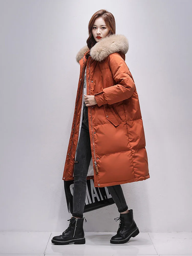 Hooded เกาหลีหนาสีทึบผู้หญิง Parkas Chic กระเป๋าซิป Basic สบายๆหญิง Parkas Long Down Coat