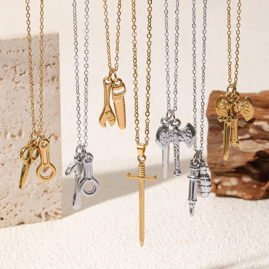 1Pc Stainless Steel Vintage Hammer Saw Rock Pendant Grunge Necklaces Hip Hop Wrench Tool Sword Cross Cool Men Collares Jewelry
