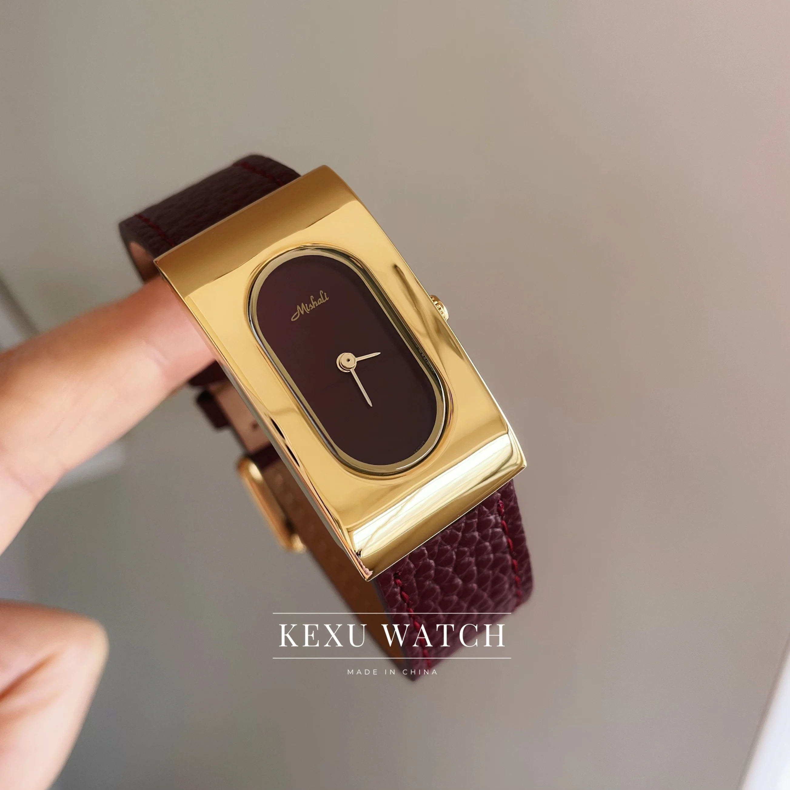 Mishali Watch Elegant Wine Red/Black/Orange/Grey Genuine Leather Strap Watch for Women, Dainty Rectangular Face Ladies Watch