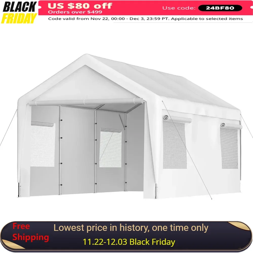 10x20 FT Carport with Removable Sidewalls and Roll-up Ventilated Windows, Boat Car Canopy, Heavy Duty Garage