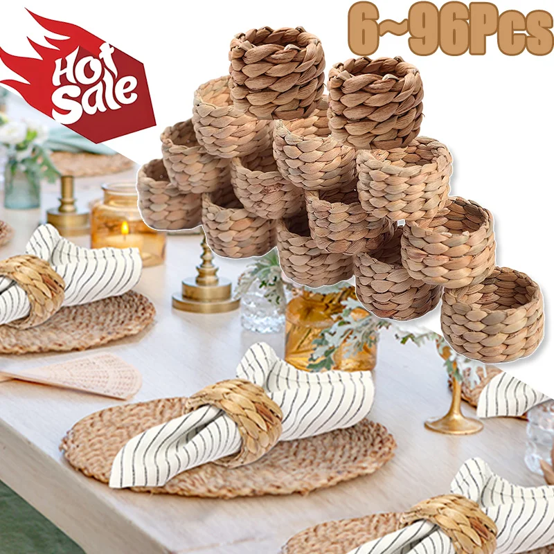 6/96Pcs Woven Handmade Napkin Ring Woven Rustic Natural Napkin Ring Holder Table Decor Wooden Easter Rattan Napkin Rings Buckle