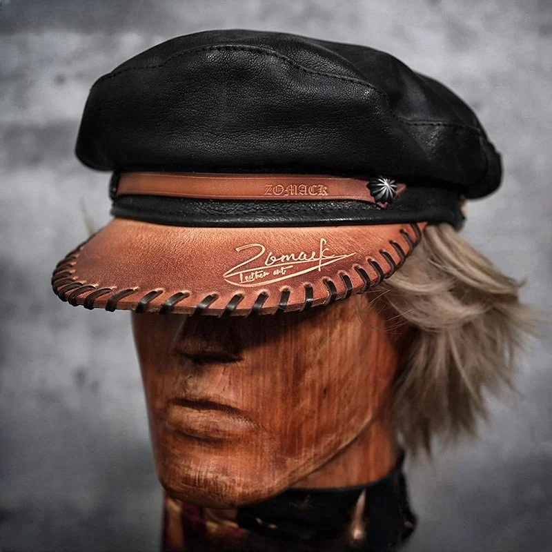 Men's real fur hat Vintage beret motorcycle handmade