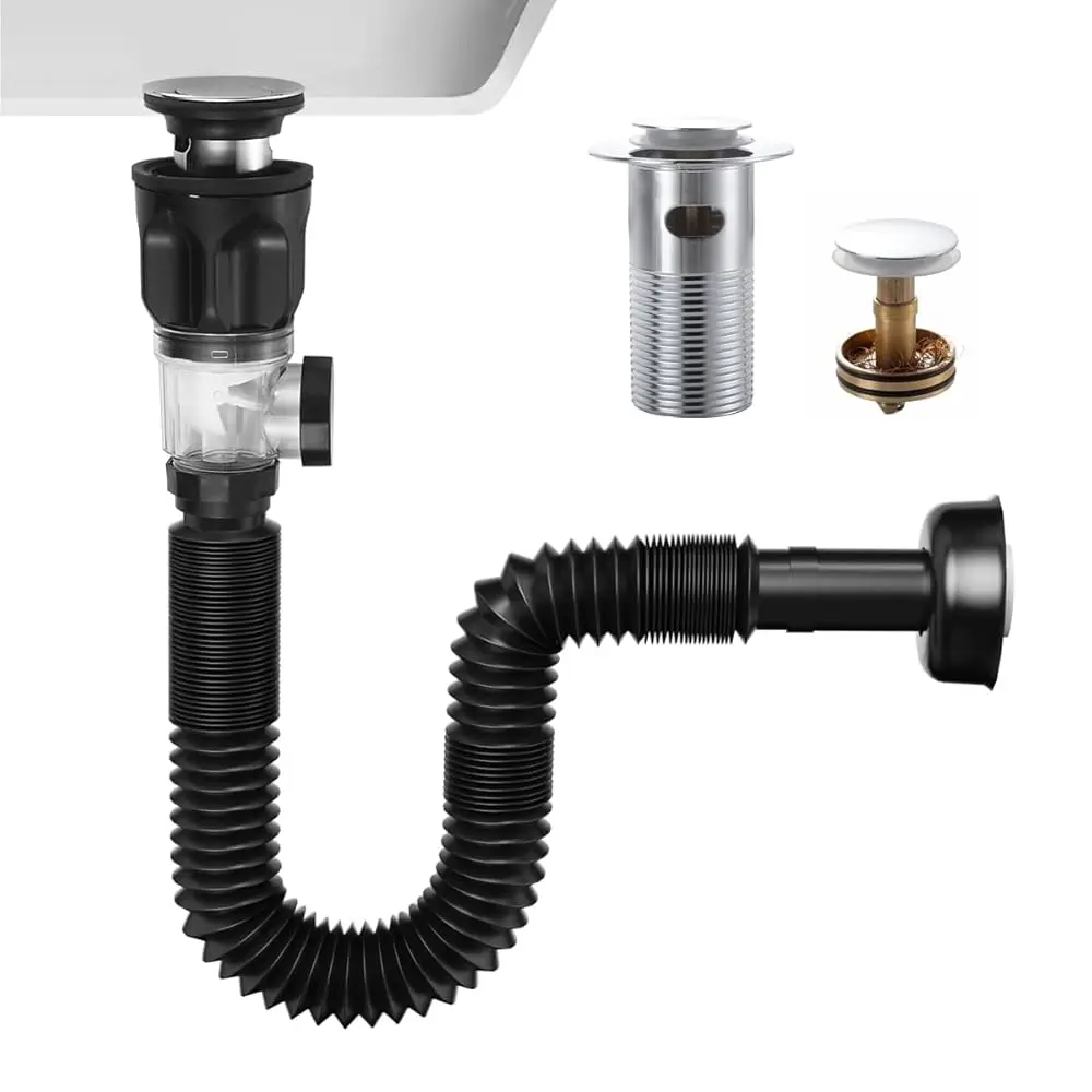 

Flexible Sink Drain Pipe Kits,Adjustable Bathroom Sink P Trap with Overflow Fits 1-1/4\,1-1/2\and 2\ Drain Hole,Chrome
