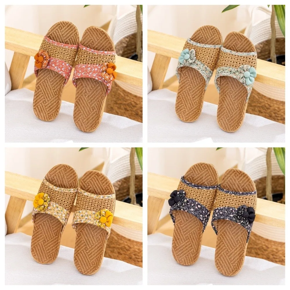 Fashion Breathable Straw Plaited Slippers Flower Non-Slip Linen Slippers EVA Bottom Shoes Home Slippers Wood Floor