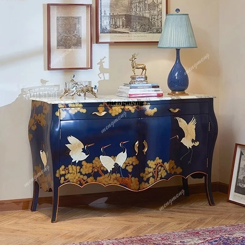 

French Chinese style porch cabinet, living room household cabinet, European retro solid wood marble locker