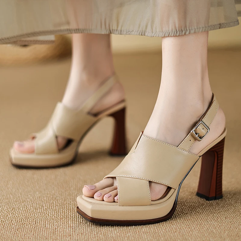 【JOCHEBED HU】Handmade Genuine Leather Summer One-button Thick Open Toe Sexy Professional High Heels Temperament Female Sandals