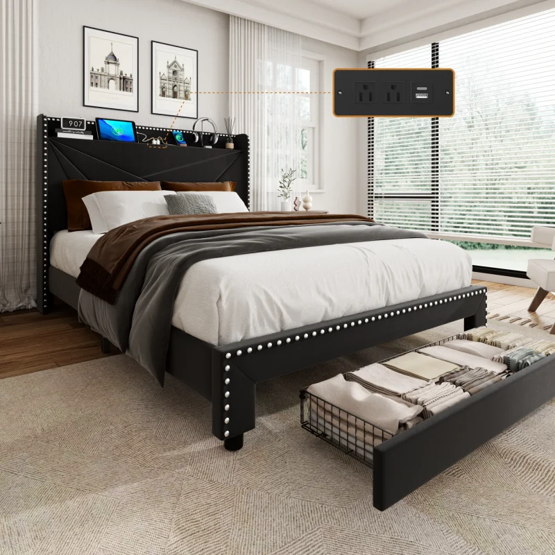 ！@Unassembled Modern European King Double Size with Drawer Storage Bed Container Bed for Poland Bedroom Home Dormitory Use