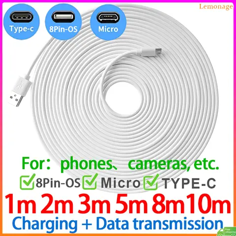 1M 2M 3M 5M 8M 10M Long USB Charging Cable Compatible For iPhone Micro Usb Type C Phone Charger Date Cord Camera Cctv