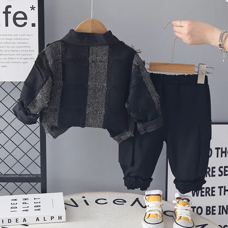 Baby Boys 3pcs Clothing Set 2026 Spring Autumn Fringe Patchwork Jacket + Tee + Cargo Pants Toddler Kids Casual Cotton Outfits