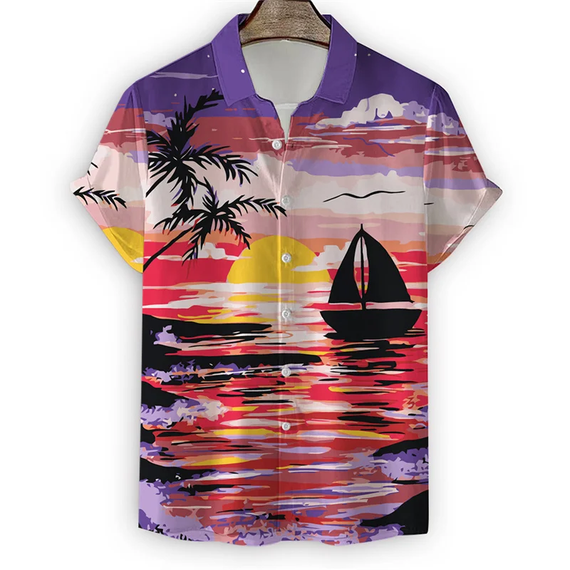 Hawaiian Palm Trees Shirt For Men Summer Beach Vacation 3d Print T Shirts Short Sleeve Tops Cool Street Button Lapel Blouse