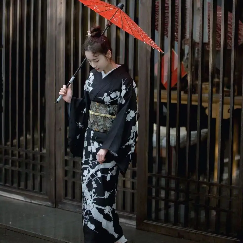 2023 Vintage Style Women\'s Long Dress Traditional Japan Kimono Black Color Yukata Bathrobe Cosplay Clothing Photography Dress
