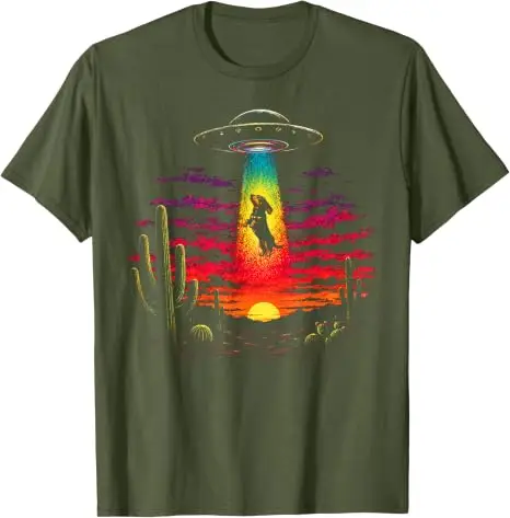 Lustiges Dackel-UFO-Abduktions-T-Shirt mit Wüstensonnenuntergang, Y2K-Alien-Abduktions-Hunde-Kunst, Ästhetische Kleidung, Neuartiges Geschenk, Sci-Fi-T-Shirts – Detail 7