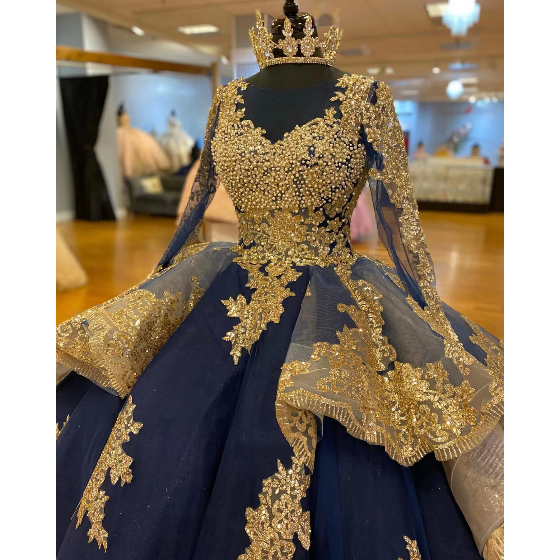 Vestido De quinceañera dorado De lujo, vestido De baile con cuentas, manga larga, Cenicienta dulce, 16 Vestidos, 15 Años, personalizado