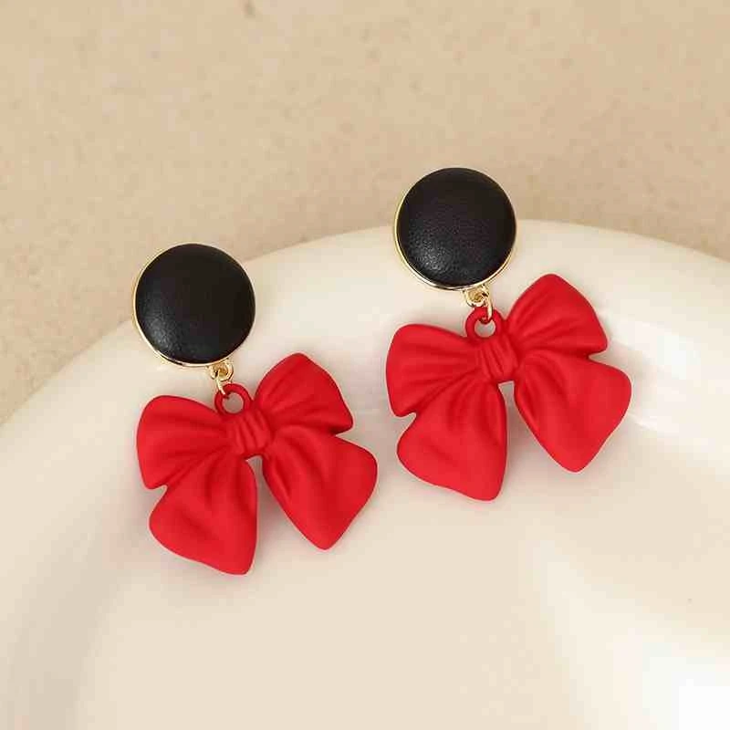 New Red Bowknot Pendants Women's Hanging Earrings Black Round Top Drop Earrings for Female Elegant Wedding Ear Jewelry 2025 new
