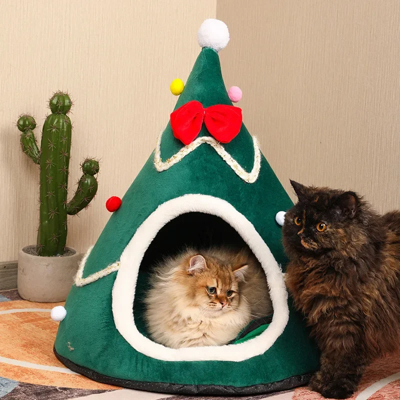 2024 Christmas Tree Pet Nest Winter Cat House Teddy Pet Bed Semi Enclosed Cat Hole Tent Suitable for Medium and Large Sized Pets