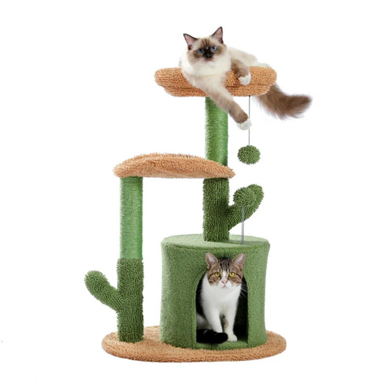 Cactus Cat Tree Cat Tower with Warmy Condo, Plush Perches, Sisal Scratching Post and Fluffy Balls for Small and Medium Cats