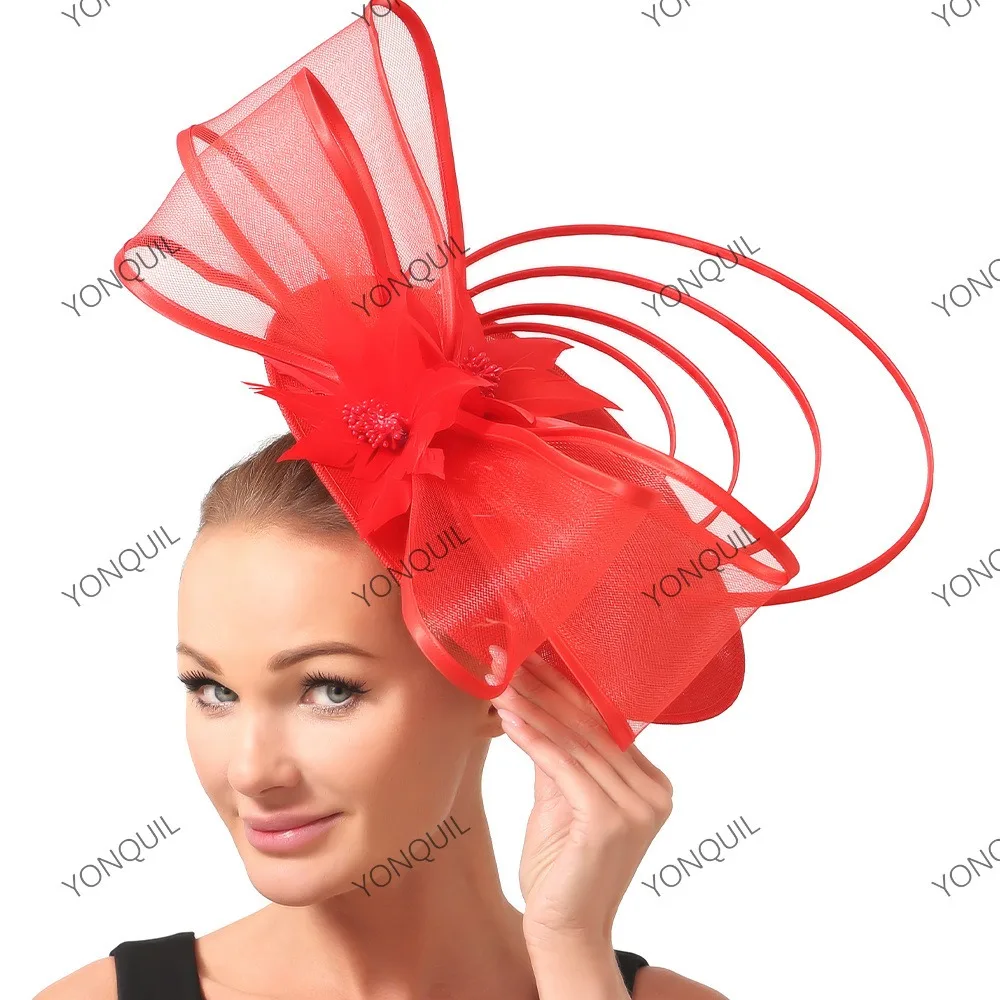 Nupcial Derby Pillbox Chapéus com Flor Bowknot para Mulheres, Imitação Sinamay Chapéu para Senhoras, Acessórios para o Cabelo do Casamento, Pink Millinery, Novo