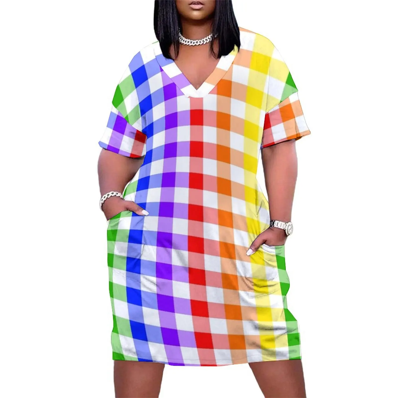 

Rainbow Gingham Loose Pocket Dress womens dress prom dress women's clothing trend 2025