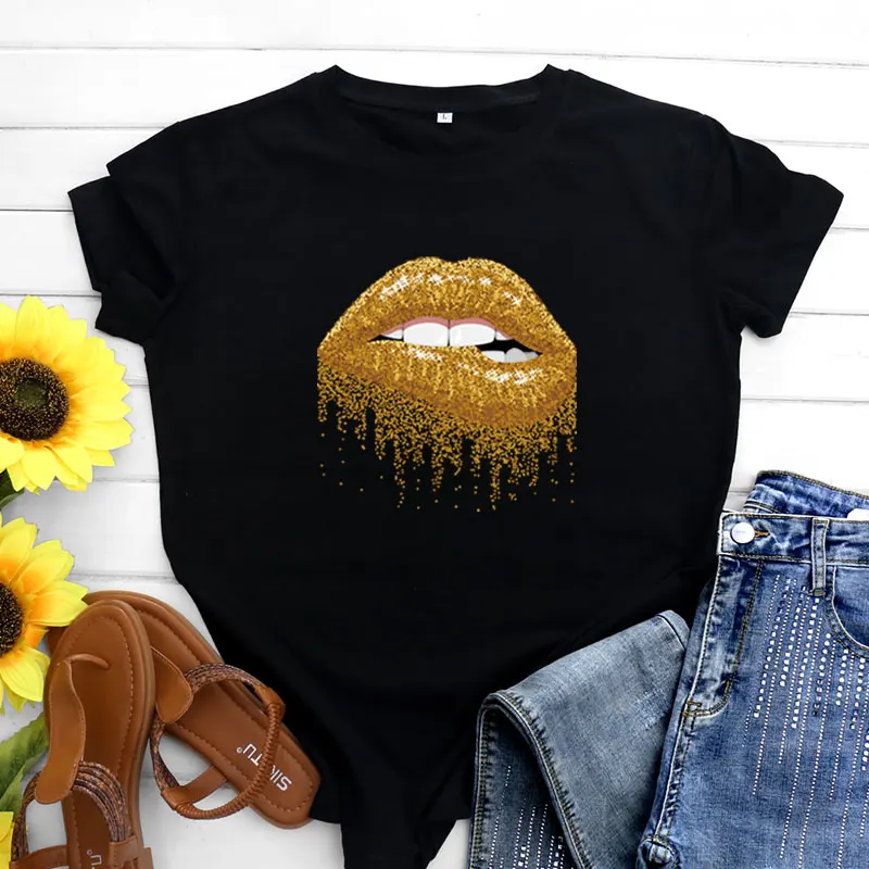 

Gold-Vered Lip Print Cotton T-irt Women's Slim Fit Street Sle Top Summer ort Sve round Ne T-irt Creative Animal ...