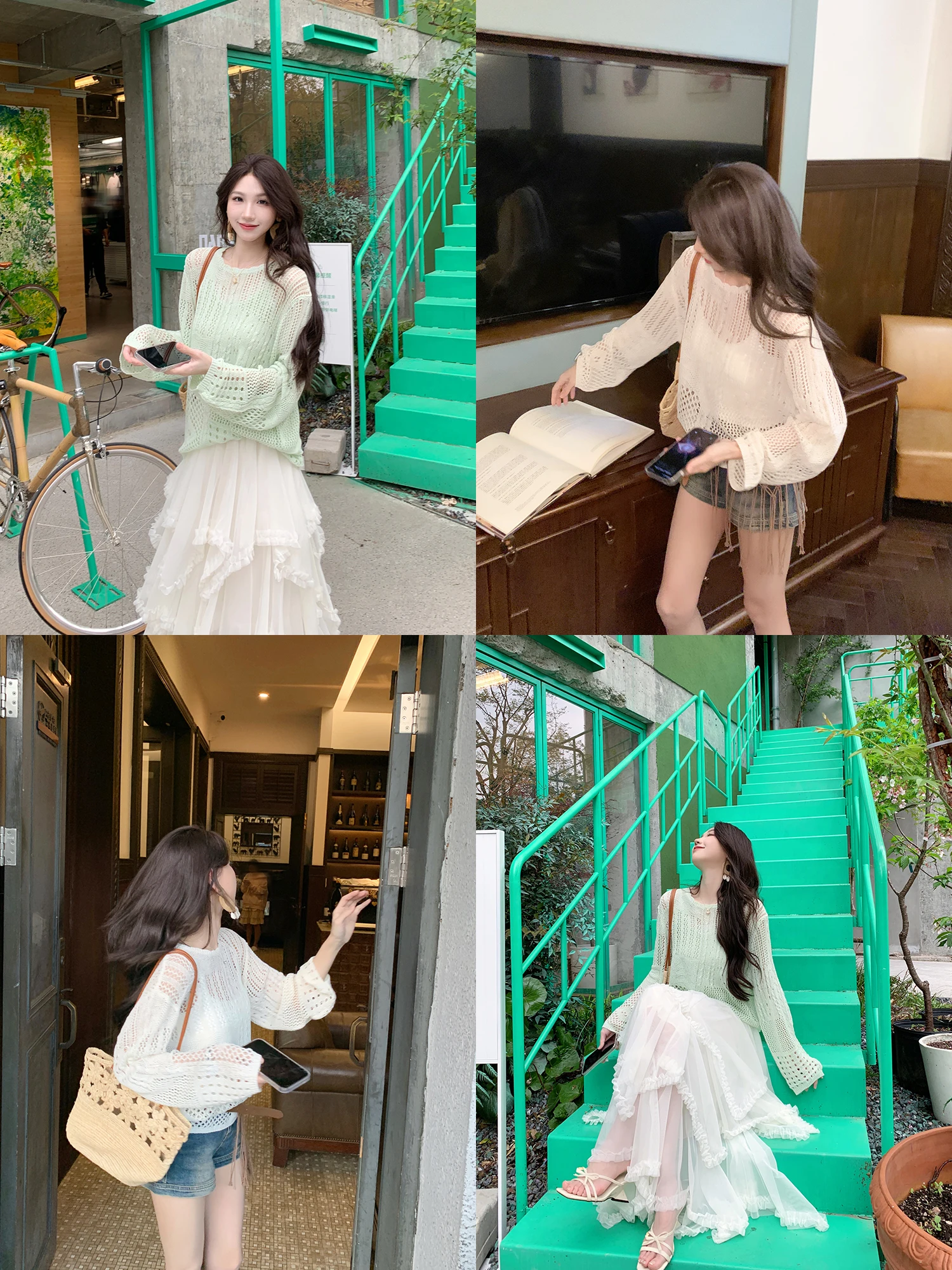 

Loose Long Sleeve Knitted Sunshade Shirt Women's Hollow Design Top Korean Style Polyester Fiber round Neck Regular Length