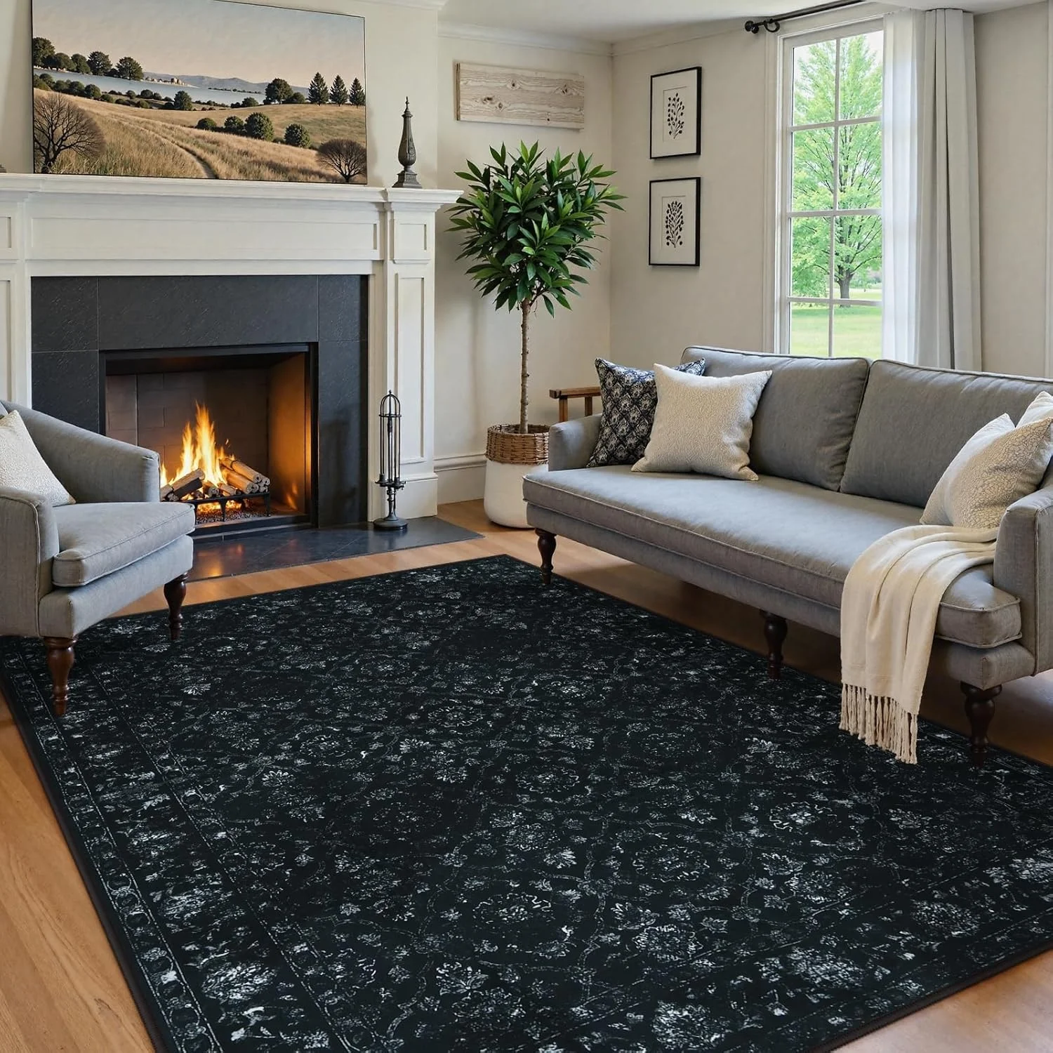 Vintage Black Carpet, Suitable for Bedroom, Non-Slip Washable Area Rug, Suitable for Living Room, Ultra-Thin Soft Bohemian Style Bedroom Carpet, Suitable for Dining Room Office, Black.