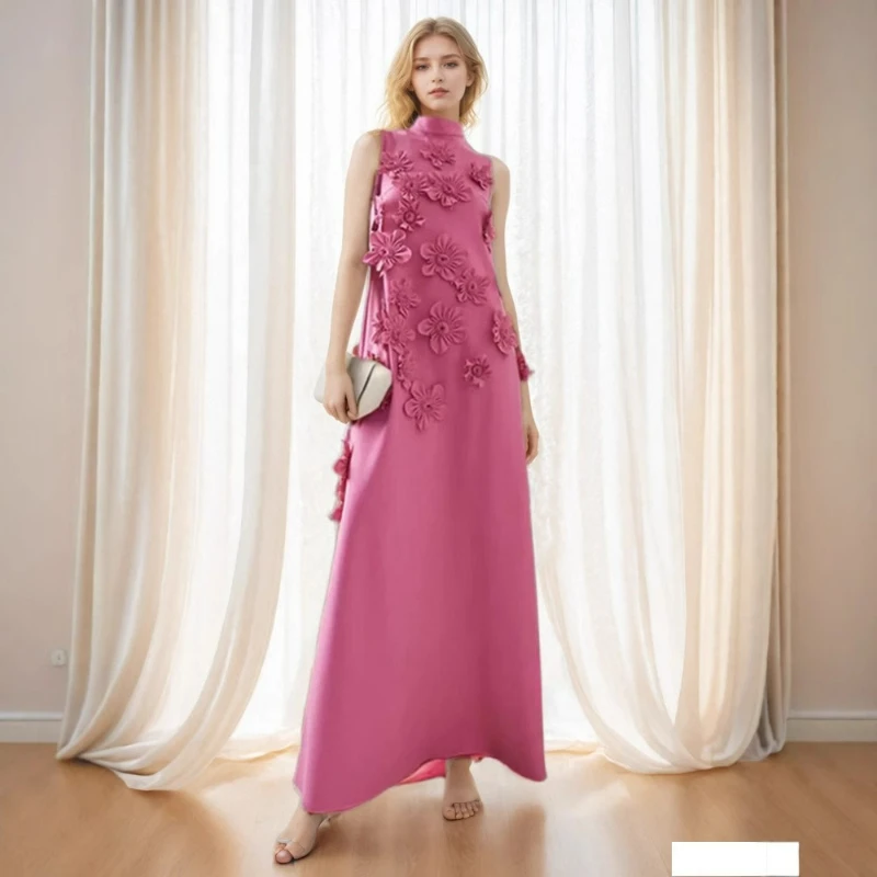 

French Light Luxury Temperament Long Dress Splicing Three-dimensional Flower High Waist Design Slim Dress Women New Temperament