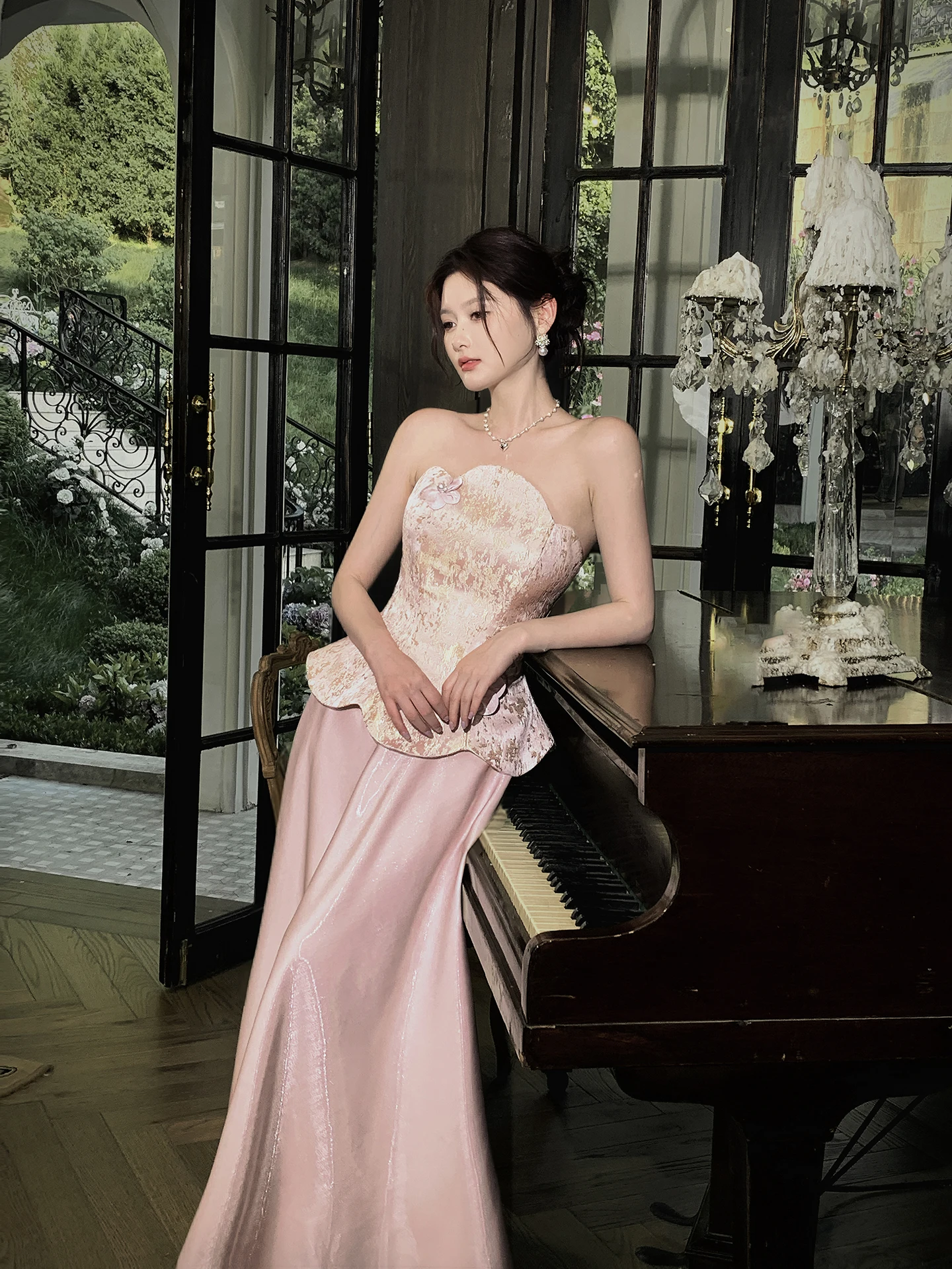 Midi Skirt Floral - GJFD Summer Pink Floral Embroidery Satin
