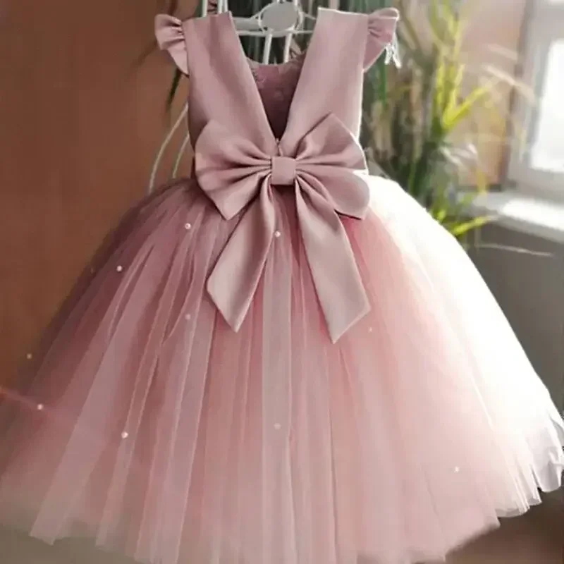 2024 New Summer Backless Baby Girl Party Dress Lace Peals Tulle Tutu Flower Girl Dresses for Weddings Bow Elegant Children Gown