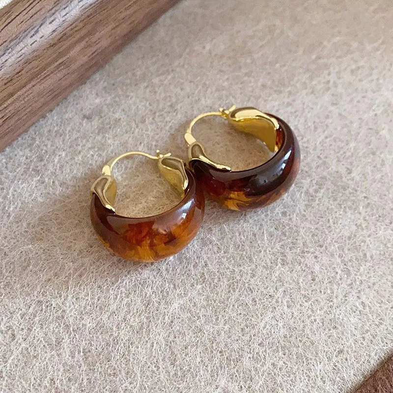 Maillard Style Caramel Brown Resin Dyed U-shaped Geometric Ear Buckle Women Autumn/Winter Vintage Fashion Jewelry