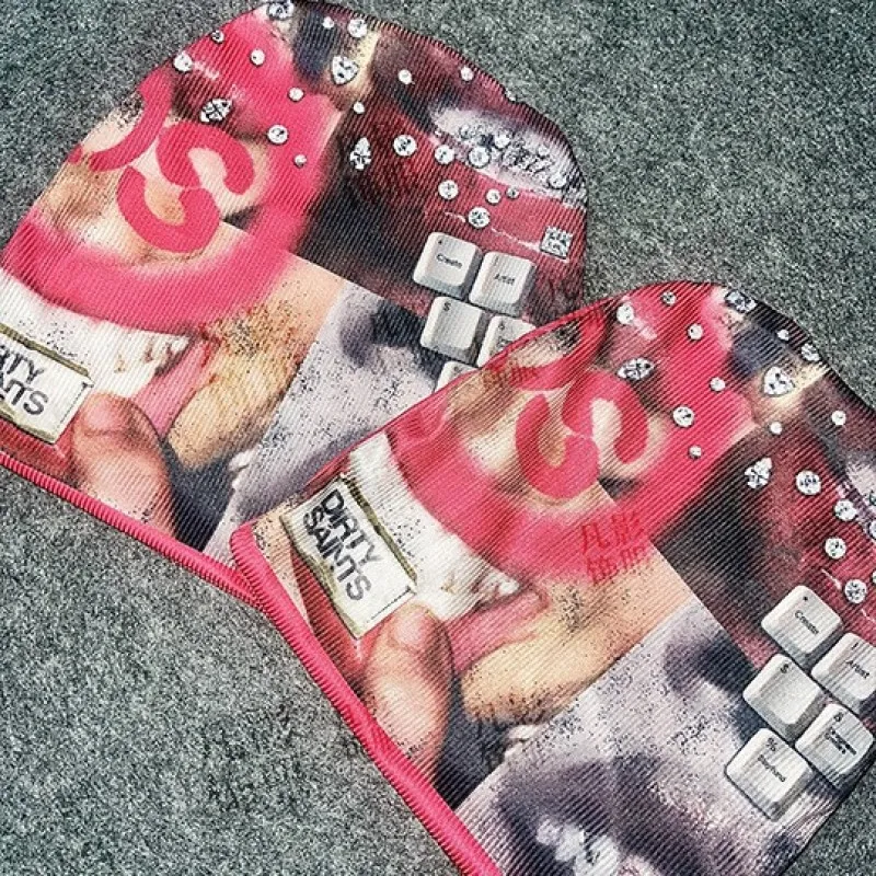 Y2K American Retro style subculture print spicy girl Rhinestone lip keyboard pattern High street emo Harajuku Unisex knitted hat view 2