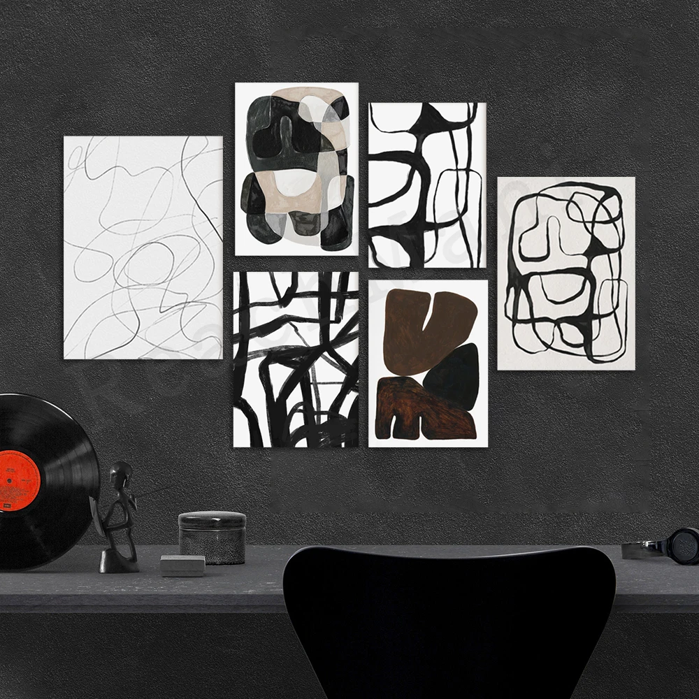Abstract line black and white art exhibition poster, mid century, modern canvas living room home decor aesthetic picture