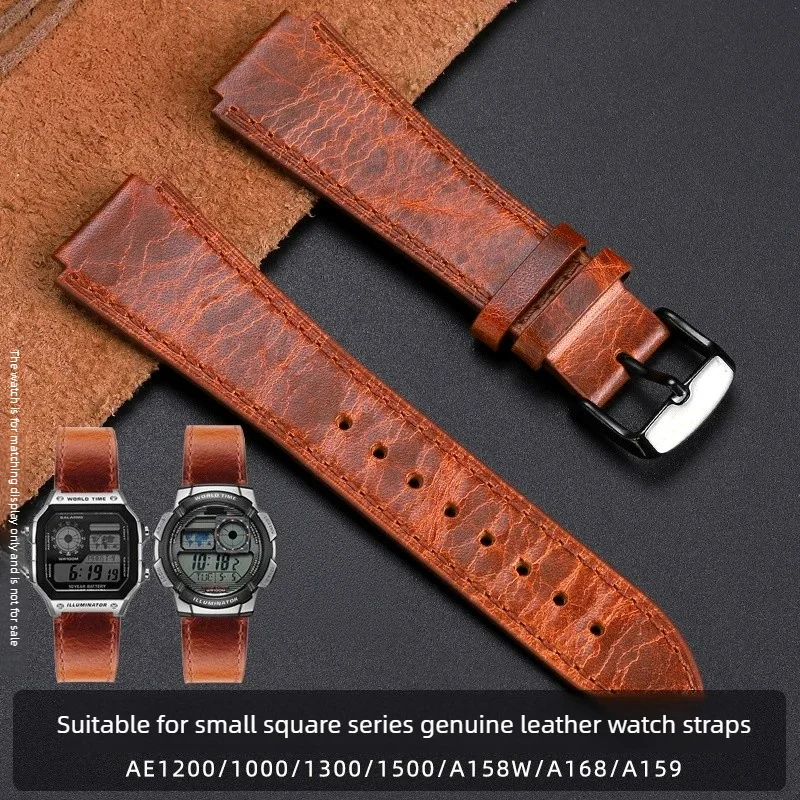 Suitable for Casio Small Square Leather Strap A158/159/AE1200/1300 Vintage Cowhide Wristband