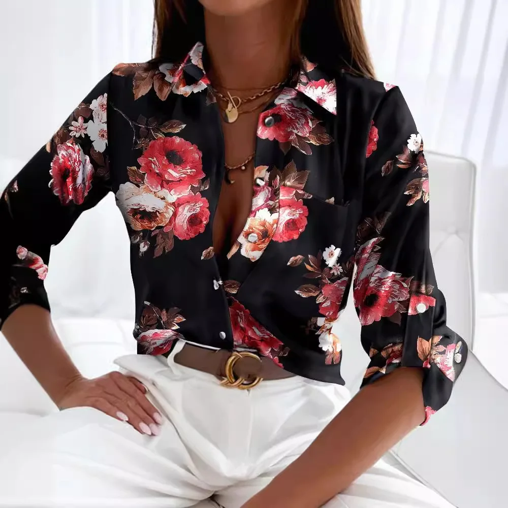 

Casual Printed Long Sleeve Loose Button Front Cotton Shirt Blouse Top Elegant Office Fashion Autumn Spring Chic European
