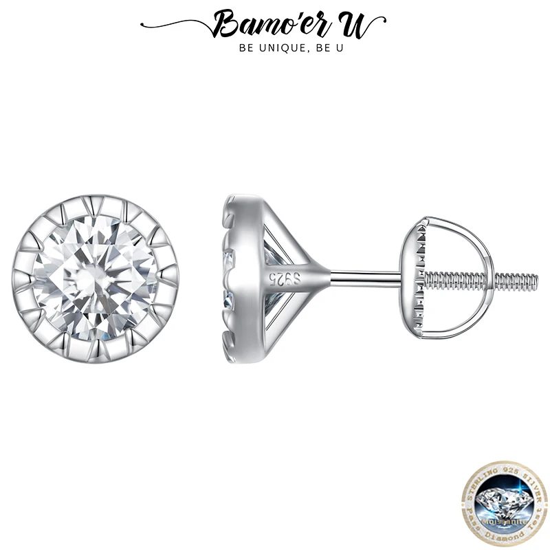 Bamoer U Multi-claw Moissanite Ear Stud Geometric Frame Round Cut Lab Diamond HALO Earring for Women Engagement Jewelry Gift