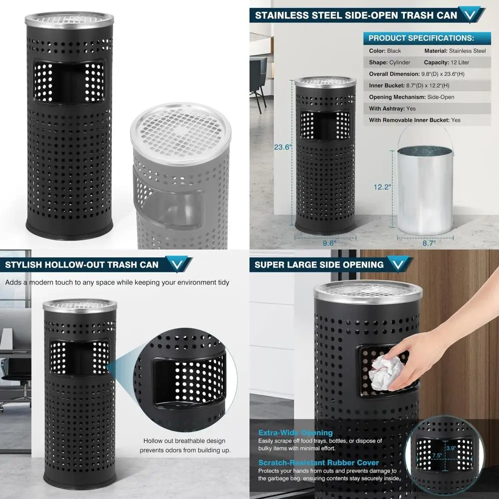 

Stainless Steel Commercial Trash Can with Lid, Outdoor Indoor Metal Garbage Receptacle, Hollow-Out Round Receptacle for Waste Ma